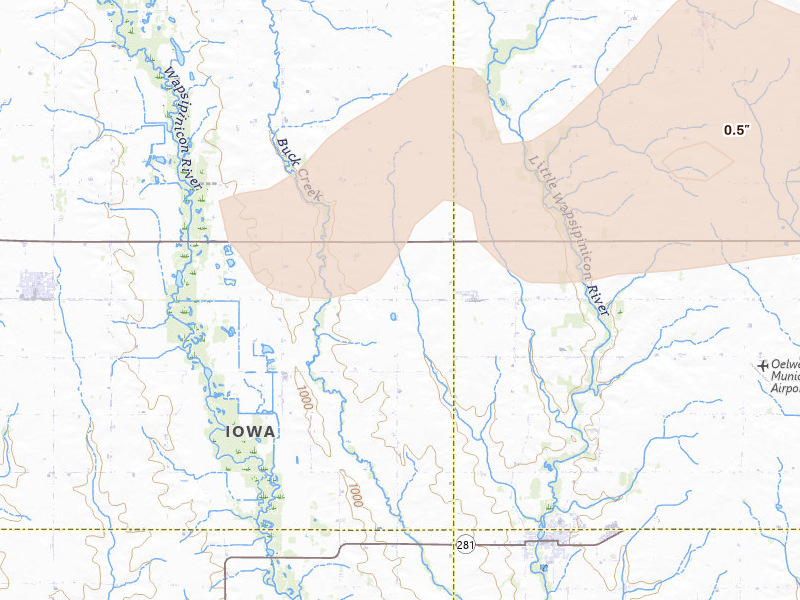 Radar-estimated hail-size map of the storm over Fairbank, IA on Jun 10, 2026