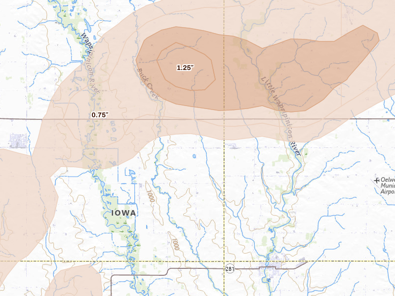 Radar-estimated hail-size map of the storm over Fairbank, IA on Jul 2, 2026