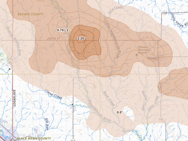Radar-estimated hail-size map of the storm over Fairbank, IA on Aug 7, 2026