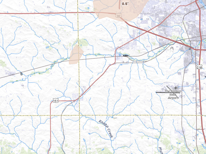Radar-estimated hail-size map of the storm over Fairfax, IA on Apr 23, 2026