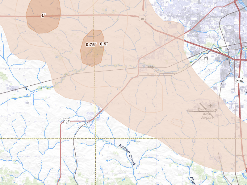 Radar-estimated hail-size map of the storm over Fairfax, IA on Aug 7, 2026