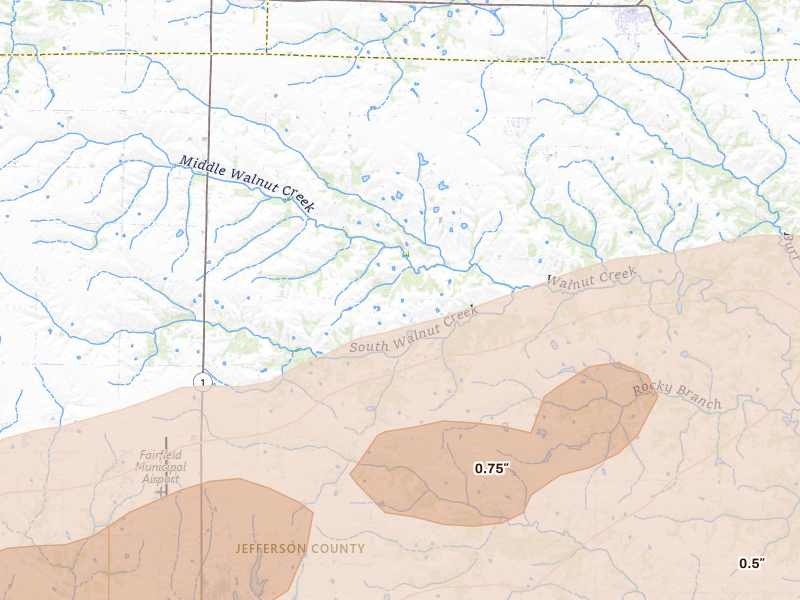 Radar-estimated hail-size map of the storm over Fairfield, IA on Mar 10, 2026