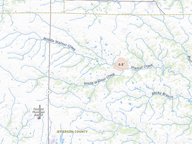 Radar-estimated hail-size map of the storm over Fairfield, IA on Mar 30, 2026