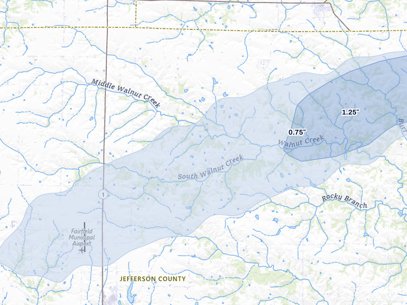 NEXRAD radar-signature map of the hail storm over Fairfield, IA on Mar 30, 2026