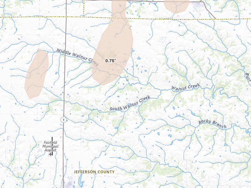 Radar-estimated hail-size map of the storm over Fairfield, IA on Apr 2, 2026