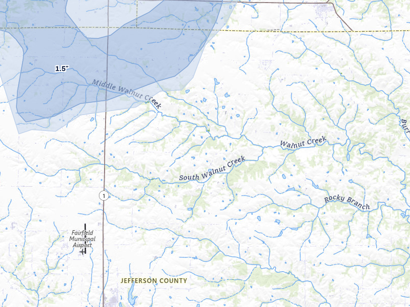 NEXRAD radar-signature map of the hail storm over Fairfield, IA on Apr 2, 2026