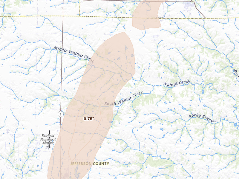 Radar-estimated hail-size map of the storm over Fairfield, IA on Apr 23, 2026