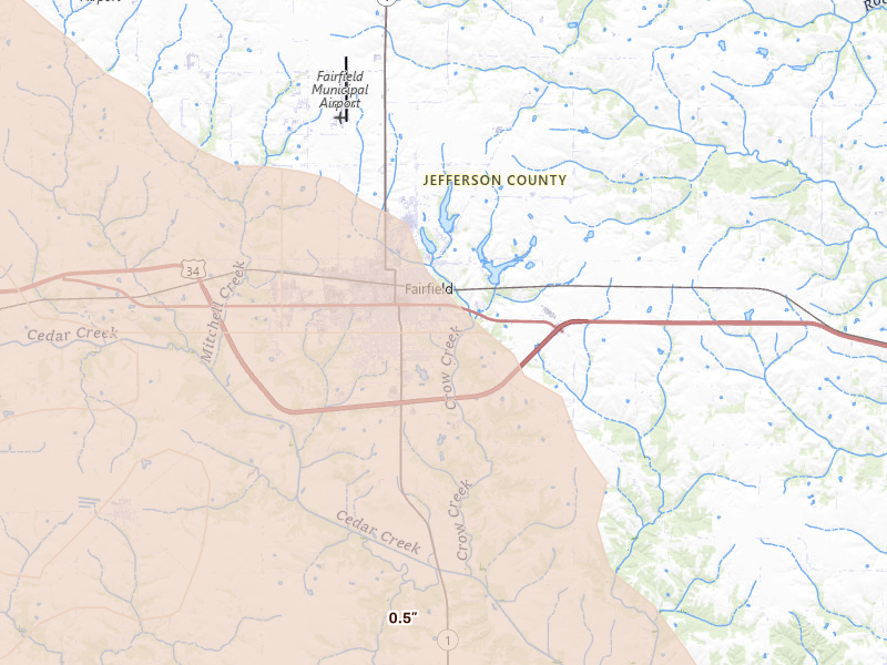 Radar-estimated hail-size map of the storm over Fairfield, IA on Jun 17, 2026