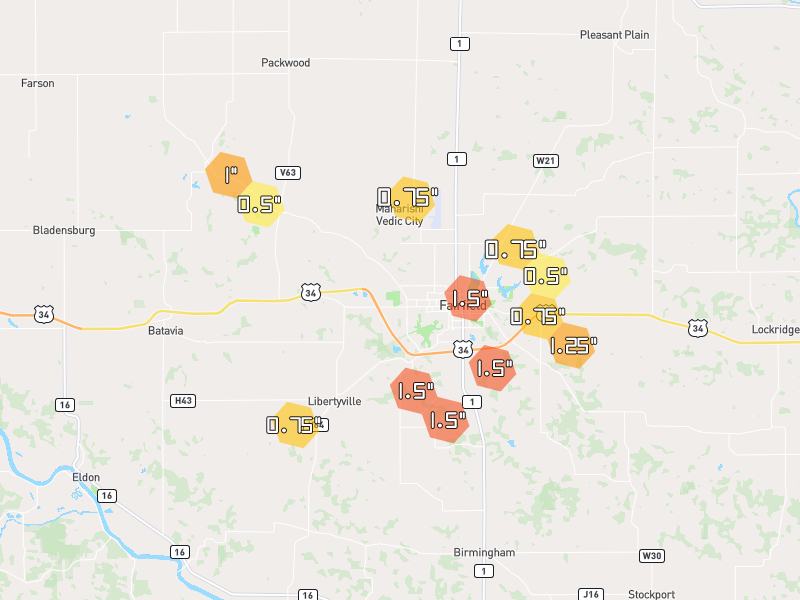 Hail map of Fairfield, IA on Jul 4, 2026, hail up to 1.5"