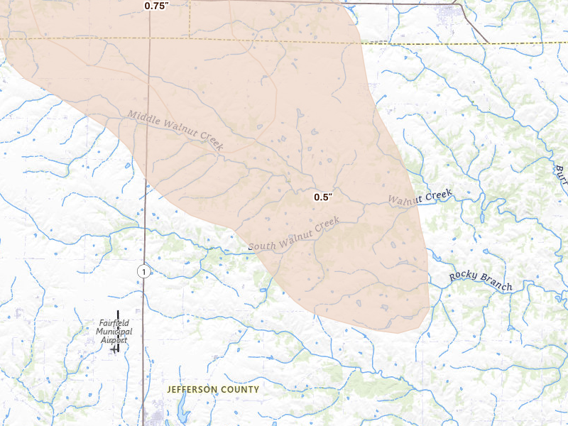 Radar-estimated hail-size map of the storm over Fairfield, IA on Jul 20, 2026
