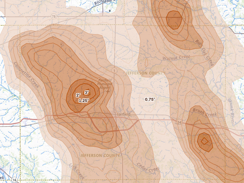 Radar-estimated hail-size map of the storm over Fairfield, IA on Aug 7, 2026