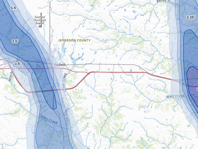 NEXRAD radar-signature map of the hail storm over Fairfield, IA on Aug 7, 2026