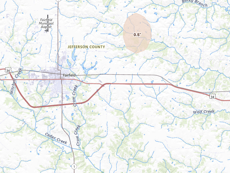 Radar-estimated hail-size map of the storm over Fairfield, IA on Aug 13, 2026