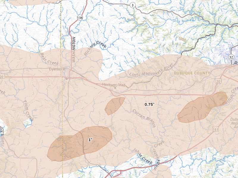 Radar-estimated hail-size map of the storm over Farley, IA on Apr 14, 2026