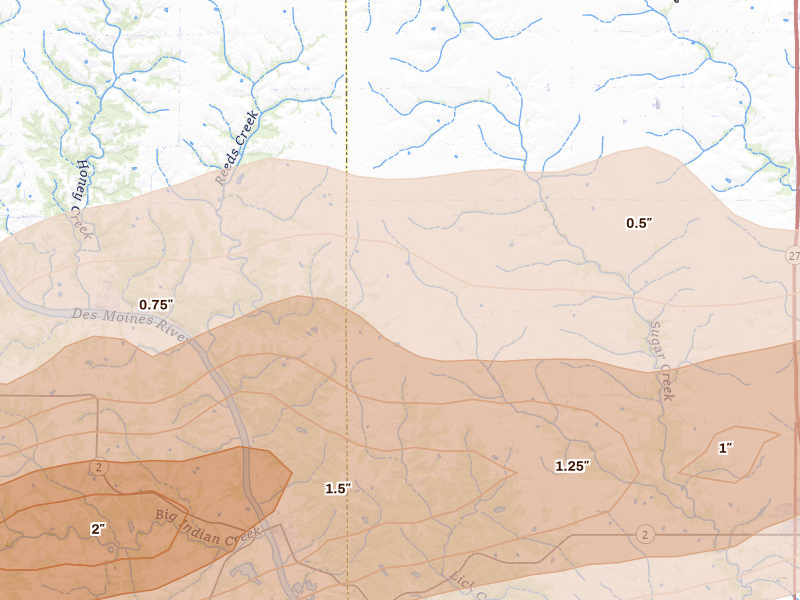 Radar-estimated hail-size map of the storm over Farmington, IA on Mar 10, 2026