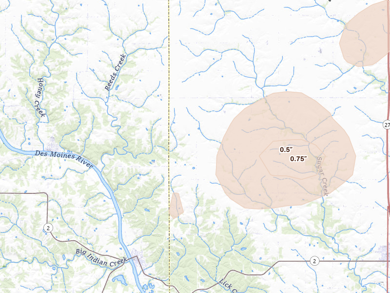 Radar-estimated hail-size map of the storm over Farmington, IA on Apr 17, 2026