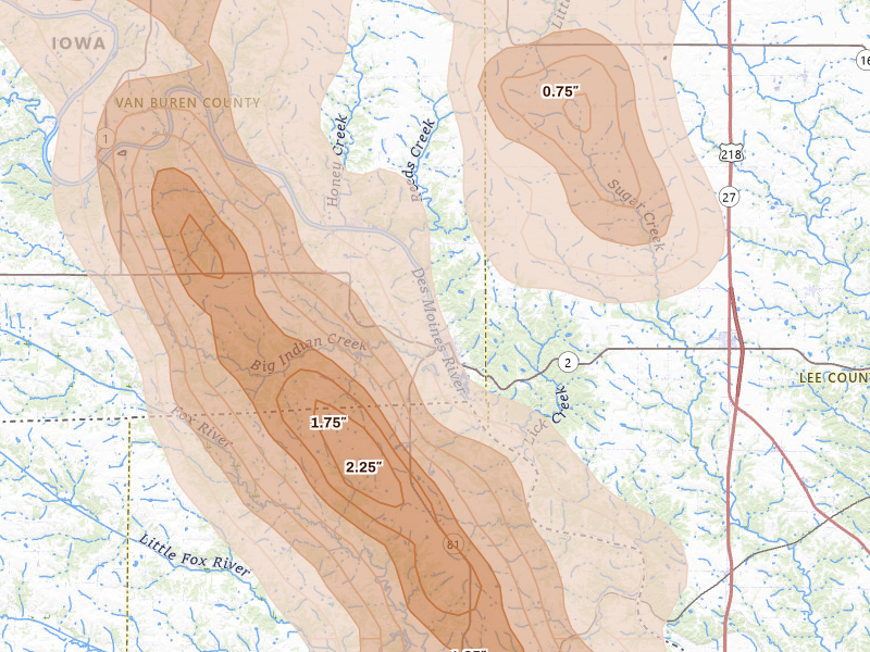 Radar-estimated hail-size map of the storm over Farmington, IA on Aug 7, 2026