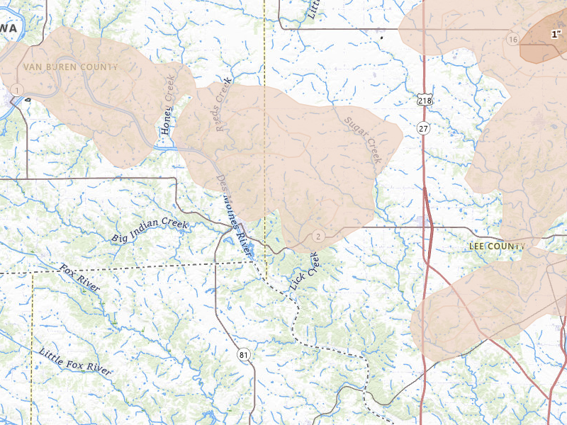 Radar-estimated hail-size map of the storm over Farmington, IA on Aug 12, 2026