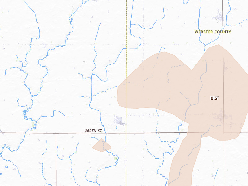 Radar-estimated hail-size map of the storm over Farnhamville, IA on Apr 23, 2026
