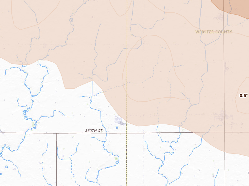 Radar-estimated hail-size map of the storm over Farnhamville, IA on Jun 16, 2026