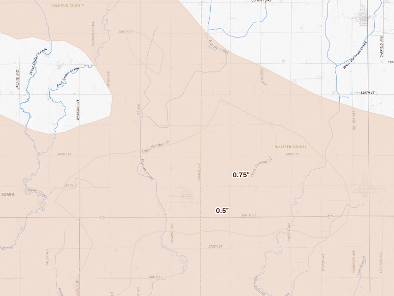 Radar-estimated hail-size map of the storm over Farnhamville, IA on Oct 8, 2026