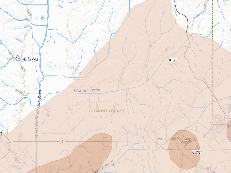 Radar-estimated hail-size map of the storm over Farragut, IA on Apr 23, 2026