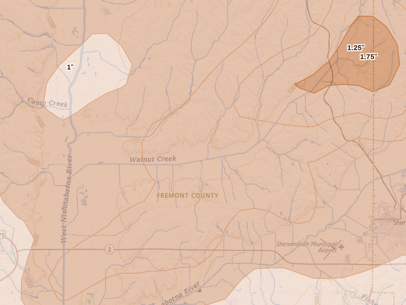Radar-estimated hail-size map of the storm over Farragut, IA on Jun 10, 2026
