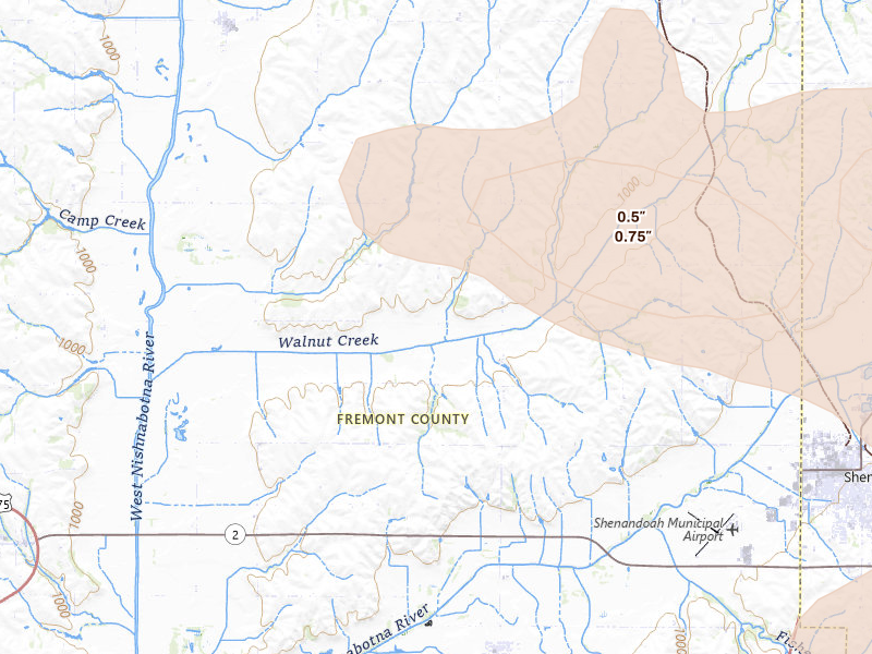 Radar-estimated hail-size map of the storm over Farragut, IA on Aug 8, 2026
