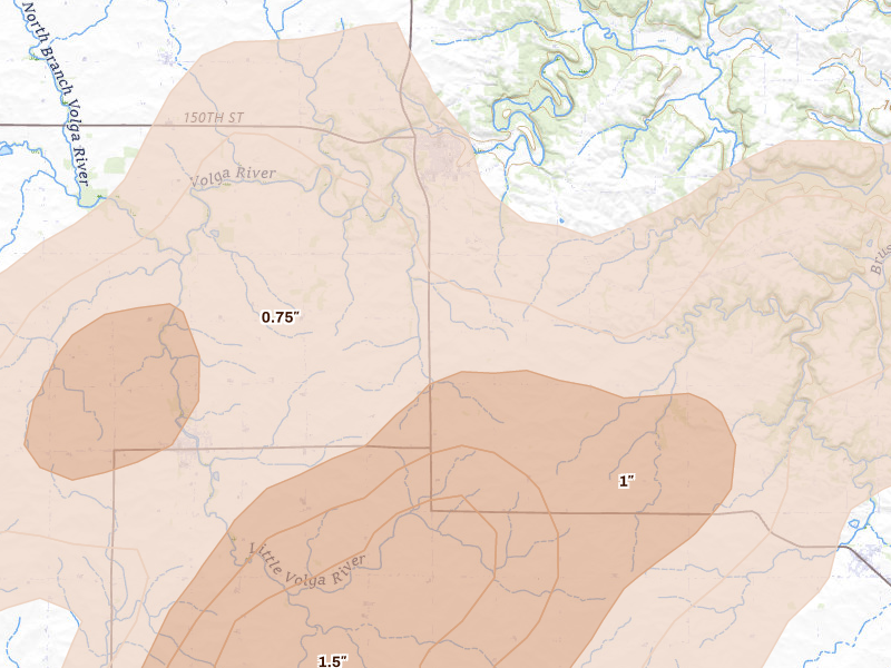 Radar-estimated hail-size map of the storm over Fayette, IA on Jul 2, 2026