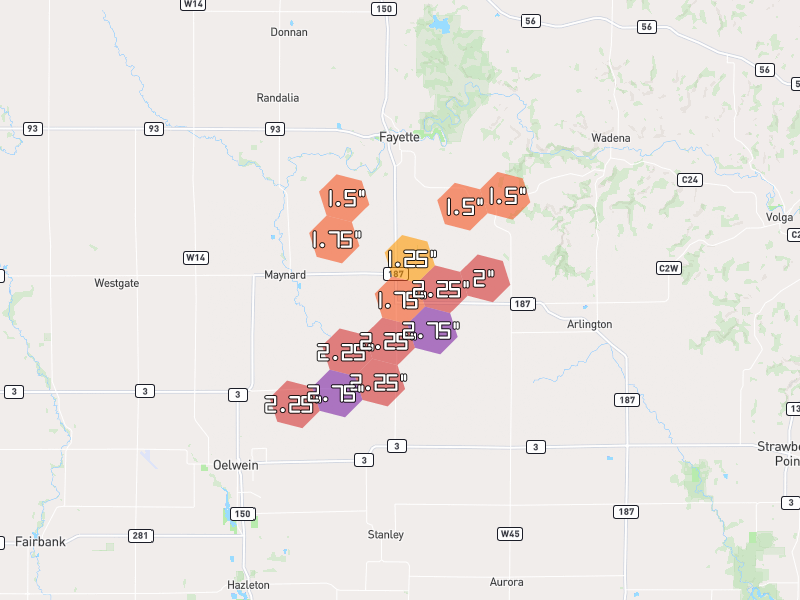 Hail map of Fayette, IA on Jul 2, 2026, hail up to 2.75"