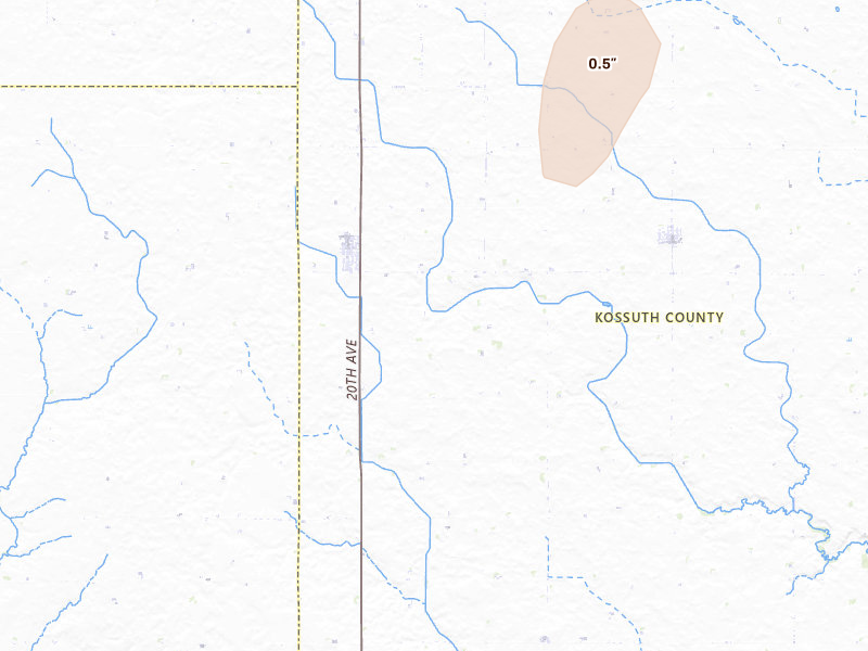 Radar-estimated hail-size map of the storm over Fenton, IA on Apr 11, 2026