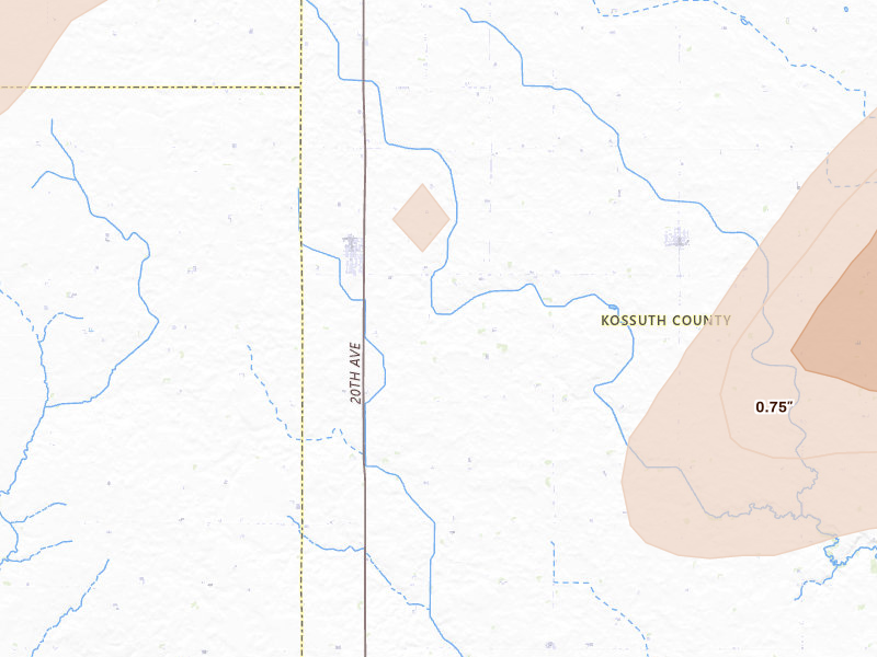 Radar-estimated hail-size map of the storm over Fenton, IA on Apr 13, 2026