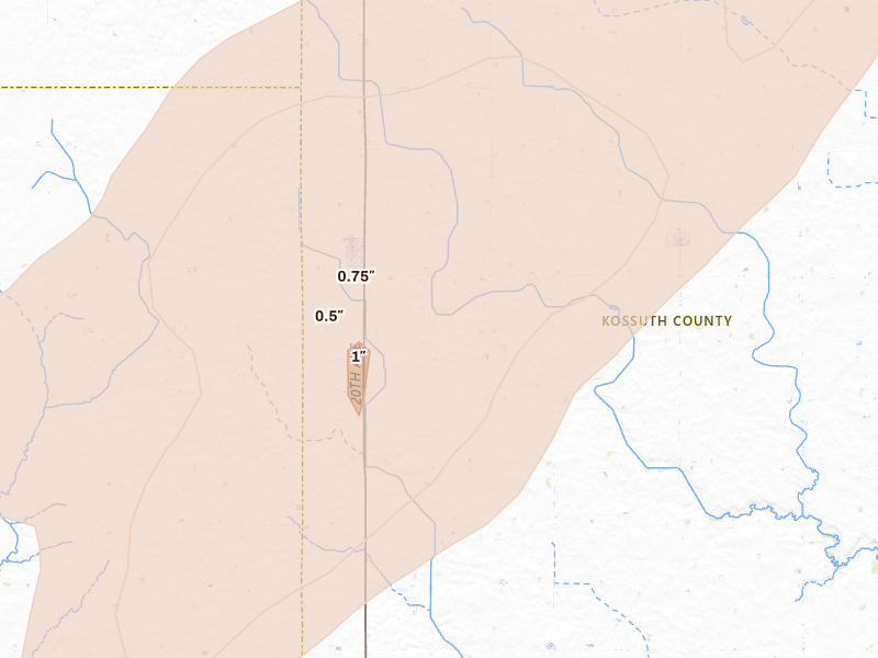 Radar-estimated hail-size map of the storm over Fenton, IA on Apr 23, 2026