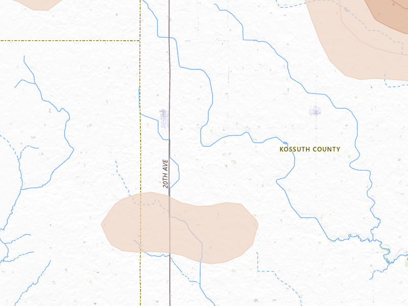 Radar-estimated hail-size map of the storm over Fenton, IA on May 15, 2026