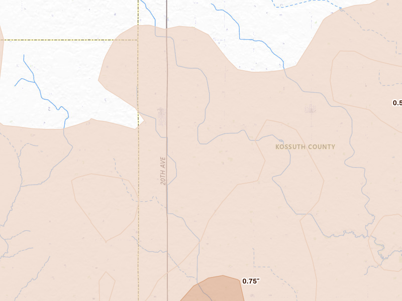 Radar-estimated hail-size map of the storm over Fenton, IA on Jun 28, 2026