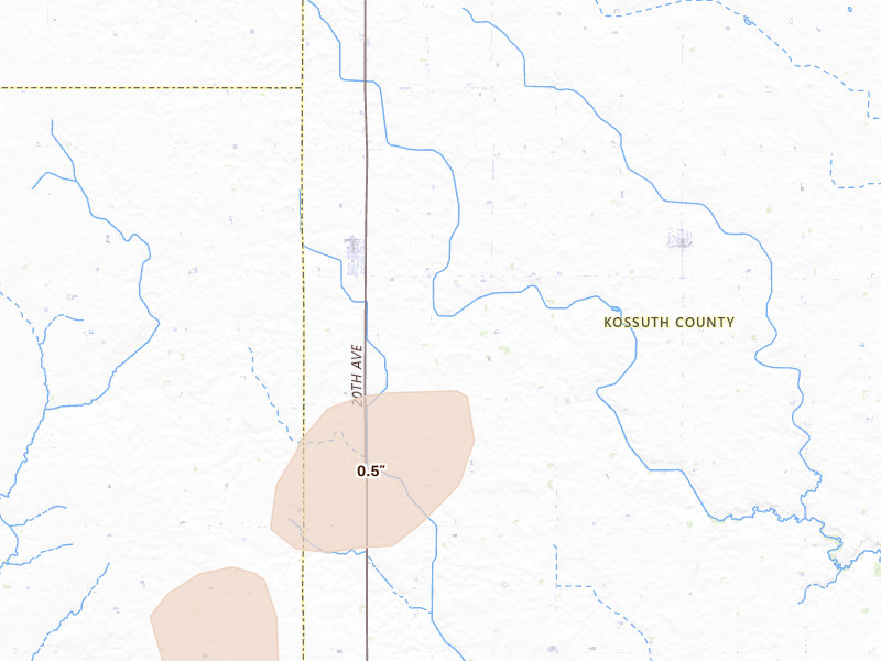 Radar-estimated hail-size map of the storm over Fenton, IA on Jun 30, 2026