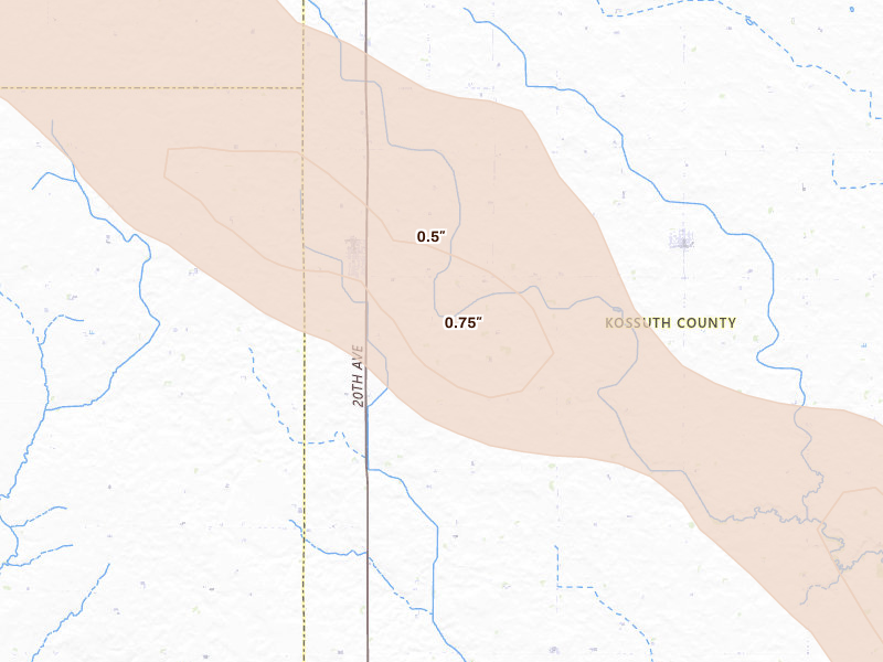 Radar-estimated hail-size map of the storm over Fenton, IA on Jul 20, 2026