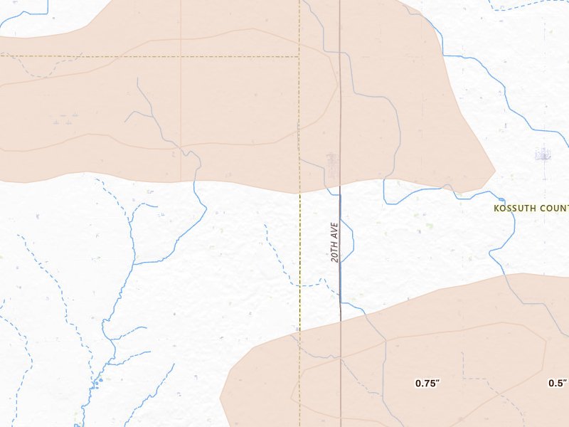 Radar-estimated hail-size map of the storm over Fenton, IA on Aug 8, 2026