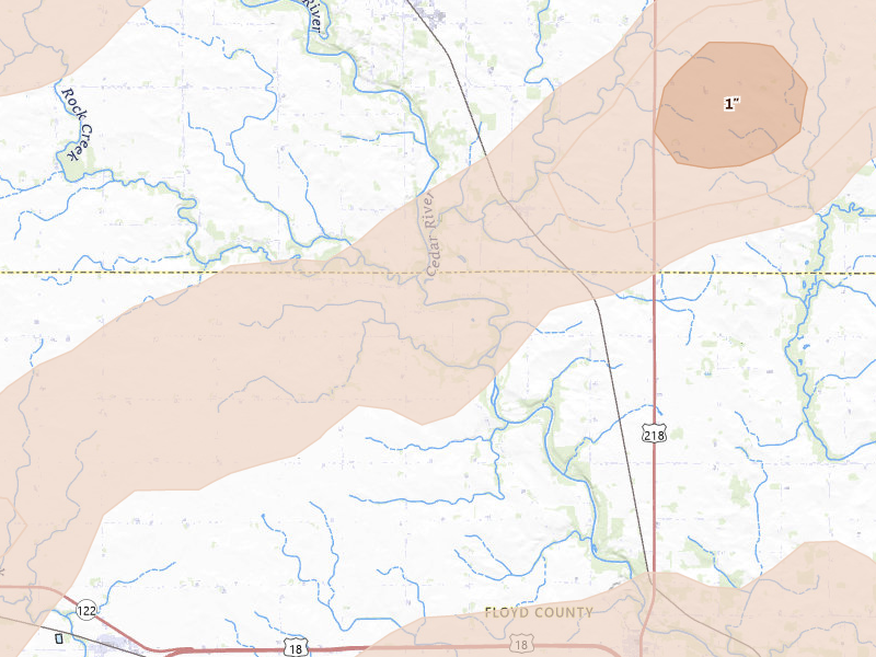 Radar-estimated hail-size map of the storm over Floyd, IA on Jul 2, 2026