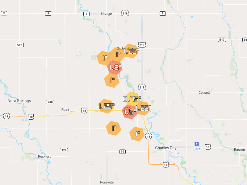 Hail map of Floyd, IA on Jul 2, 2026, hail up to 1.5"