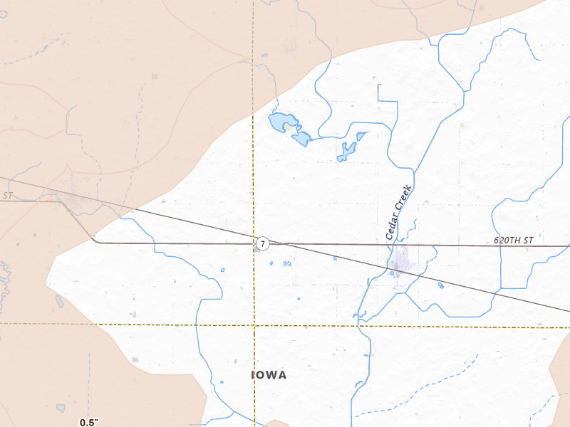 Radar-estimated hail-size map of the storm over Fonda, IA on May 15, 2026