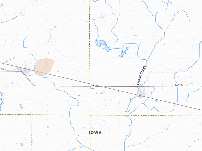 Radar-estimated hail-size map of the storm over Fonda, IA on Jul 8, 2026