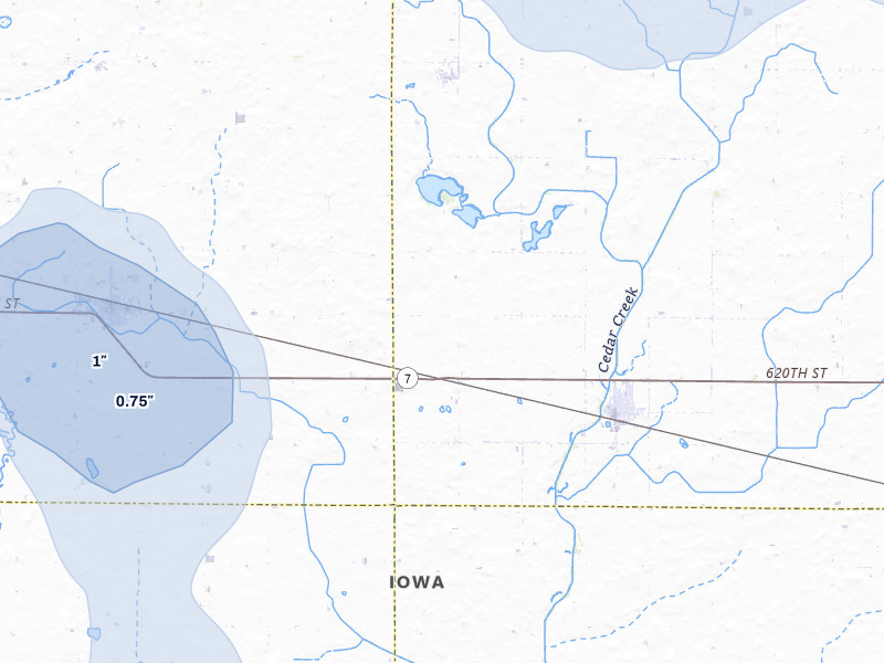 NEXRAD radar-signature map of the hail storm over Fonda, IA on Jul 8, 2026