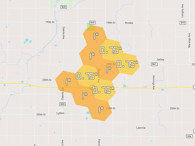 Hail map of Fonda, IA on Jul 8, 2026, hail up to 1"