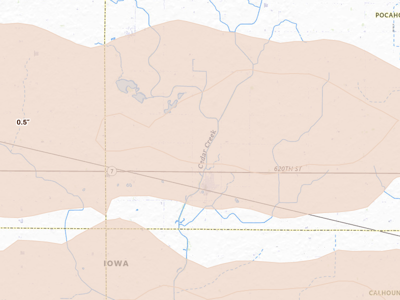Radar-estimated hail-size map of the storm over Fonda, IA on Aug 10, 2026