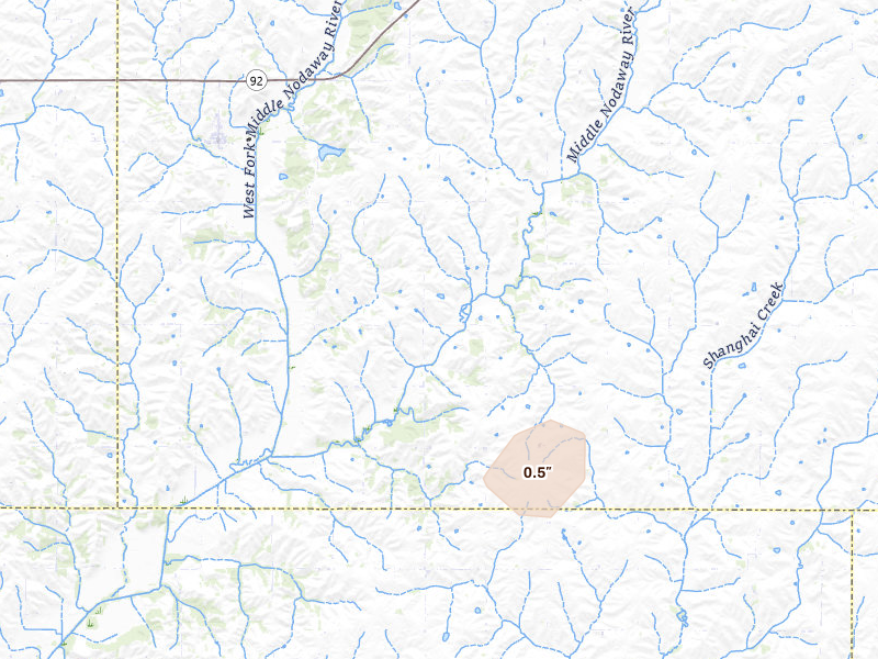 Radar-estimated hail-size map of the storm over Fontanelle, IA on Mar 5, 2026