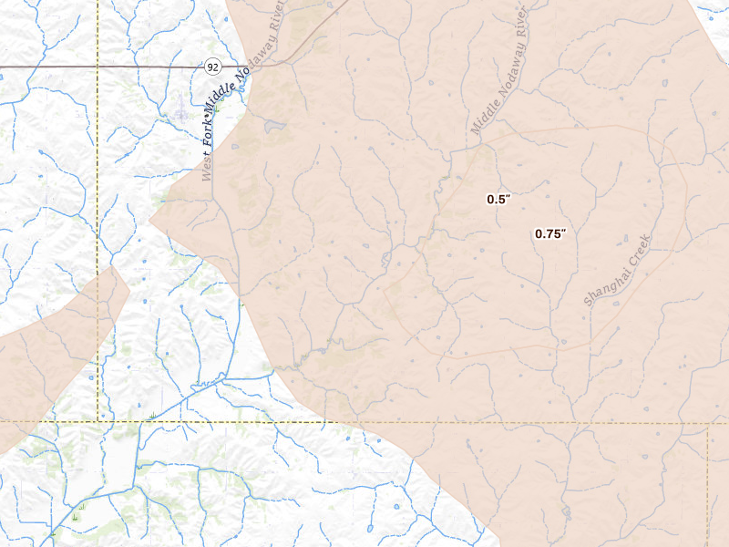 Radar-estimated hail-size map of the storm over Fontanelle, IA on Jul 20, 2026
