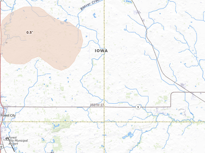 Radar-estimated hail-size map of the storm over Forest City, IA on May 15, 2026