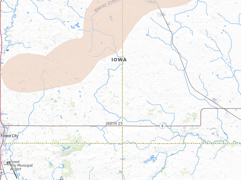 Radar-estimated hail-size map of the storm over Forest City, IA on Jul 2, 2026
