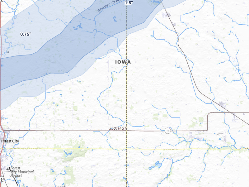 NEXRAD radar-signature map of the hail over Forest City, IA